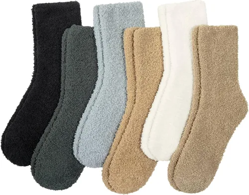 Vista 13 de YSense Calcetines mullidos y mullidos para mujer, 6 pares, calcetines de Negro Marrón Blanco Caqui