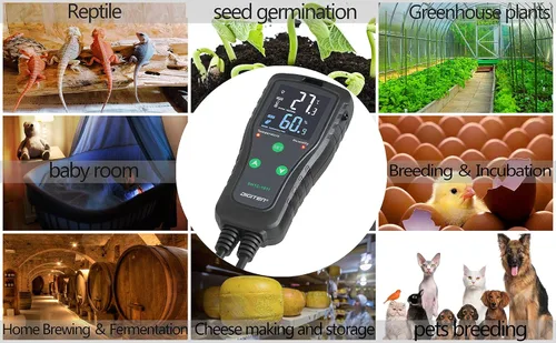 Vista 2 de Controlador de temperatura y humedad - Termostato enchufable y humidistato para reptiles e invernaderos - Controlador electrónico precableado