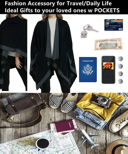 Vista 2 de ecoinway Cárdigan tipo chal para mujer, diseño de ruana, con múltiples bolsillos, Multi