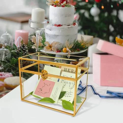 Vista 3 de YIMORENCE V Tarjetero de cristal dorado – Caja de sobres de boda con forma rectangular con ranura y pie, perfecto para recepción y centro de mesa