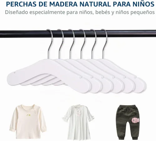 Vista 3 de Perchas de madera para bebés y niños, 10 piezas de madera natural para niños, ropa para niños, perchas para ropa de bebé