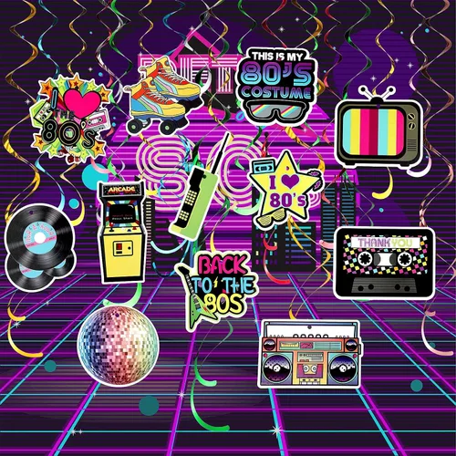 Vista 4 de Decoraciones de fiesta de los años 80 y 90, estilo retro de los años 80, hip hop, remolinos colgantes, decoración de techo para adultos de regreso a