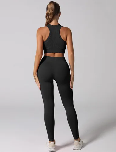 Vista 5 de Conjuntos de entrenamiento para mujer, 2 piezas, sin costuras, acanalada, sin mangas, brasier deportivo, cintura alta, pantalones cortos