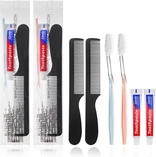 Vista 5 de 30 cepillos de dientes desechables con pasta de dientes y peine envueltos individualmente, 0.35 onzas de pasta de dientes, peine negro de 7