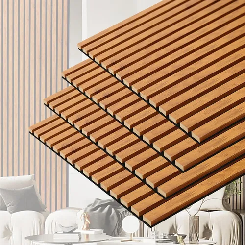 Vista 13 de Paneles de pared acústicos 3D con listones y acabado en madera, paquete de 2 paneles de absorción de sonido para estudio, oficina, sala de estar