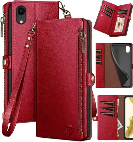 Vista 8 de XcaseBar Funda tipo cartera para iPhone XR de 6.1 pulgadas con bloqueo RFID, soporte para tarjetas de crédito con cremallera, funda de piel