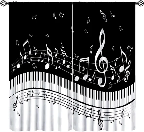 Vista 15 de Cortinas abstractas con notas musicales de piano, temática musical de piano, decoración de dormitorio de niños y niñas, arte rústico retro