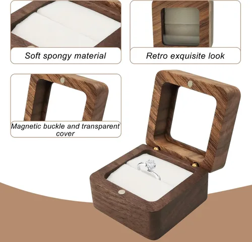 Vista 3 de Caja de madera para anillos, mini caja de soporte para anillos de compromiso con cubierta transparente, caja cuadrada para anillos de boda