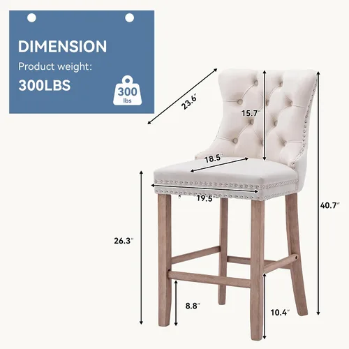 Vista 2 de Juego de 2 Sillas de Comedor, Modernos Taburetes de Bar Tapizados de Terciopelo con Decoración de Botones Capitoné y Patas de Madera, Ribete