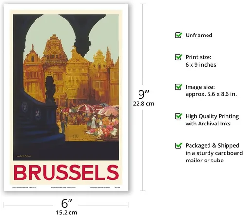 Vista 2 de Brussels Belgium - The Grand Place - Belgian National Railways - Vintage Travel Poster by Frank H. Mason c.1930 - Master Art Print (Unframed) 6in x