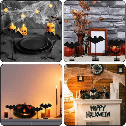 Vista 6 de 3 piezas de decoración de mesa de pie de Halloween, bandeja escalonada de madera, decoración de mesa de murciélagos dulces, maíz, centro de mesa