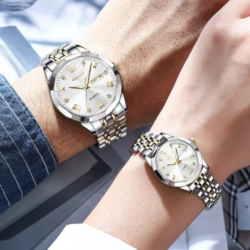 Vista 4 de OLEVS Juego de 2 relojes de cuarzo para parejas de San Valentín, calendario luminoso, ventana de fecha, 3 ATM, impermeable, casual, acero