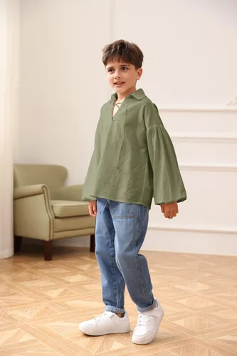 Vista 2 de Camisa medieval de pirata para niños vikinga, renacentista, con cordones, mercenario, Halloween, jacobita escocés, Ghillie, tops