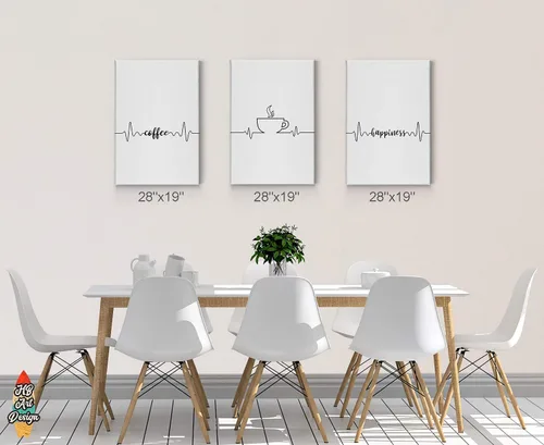 Vista 3 de HB Art Design Coffee Happiness Line Art 3 Panel Canvas Print Set Wall Art Coffee Bar Decor Coffee Signs Kitchen Wall Decor Dining Room Restaurant
