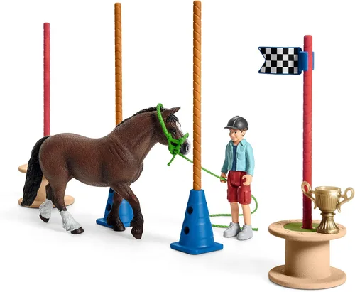 Vista 3 de Schleich Farm World, juguetes de caballos para niños, juego de carreras de agilidad de poni con figuras de caballo y accesorios, juego de 22 piezas