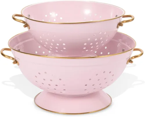 Vista 8 de Juego de 2 coladores de metal, 3,3 L con recubrimiento en polvo, base de anillo sólido autodrenante, colador grande de metal para cocina, pasta