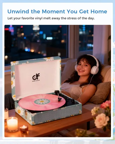 Vista 7 de Tocadiscos de vinilo Bluetooth con altavoces integrados, tocadiscos portátil vintage de 3 velocidades con auriculares de grabación USB/conector