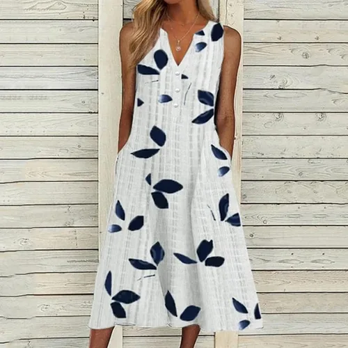 Vista 2 de Vestidos de verano para mujer 2023, casual, a rayas, botones, cuello en V, sin mangas, vestido de vacaciones, floral, vestido de playa, vestido por