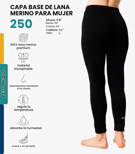 Vista 2 de 100% lana merino capa base mujer pantalones - Leggings térmicos ropa .Negro 250