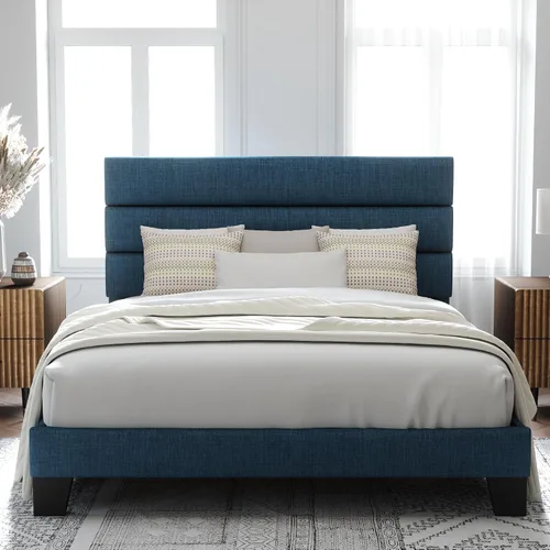 Vista 19 de Allewie Base de cama de plataforma de tamaño individual con cabecera tapizada de tela y soporte de listones de madera, base de colchón totalmente
