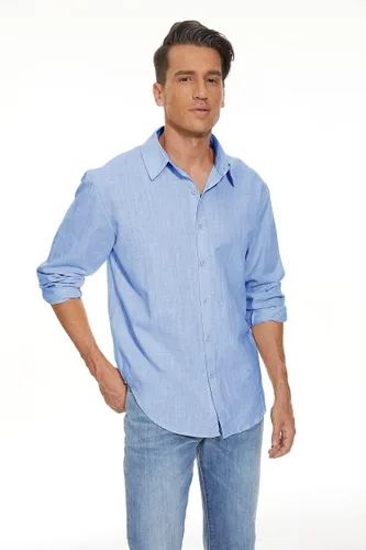 Vista 3 de Camisas de algodón y lino de manga larga para hombre, con botones, para playa, yoga, informal, para verano