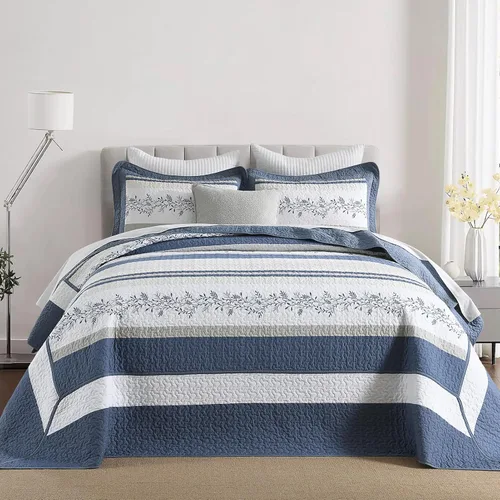 Vista 9 de Finlonte - Juego de cama de 3 piezas con edredón/cubrecama acolchado tamaño queen, 100% algodón, 260x305 cm, a cuadros florales de granja
