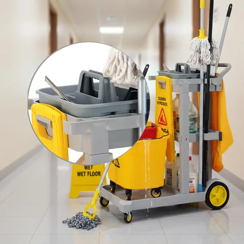 Vista 8 de Cesta de limpieza de plástico con 3 compartimentos – Cubo organizador de herramientas de plástico apilable de calidad comercial grande con asa