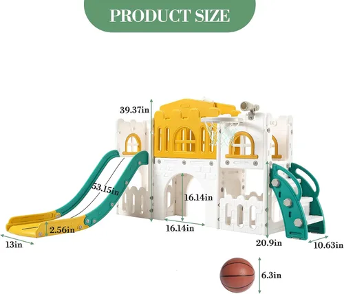 Vista 5 de Juego de toboganes 8 en 1 para niños, centro de actividades para interiores y exteriores, juego de tobogán escalador para niños con aro