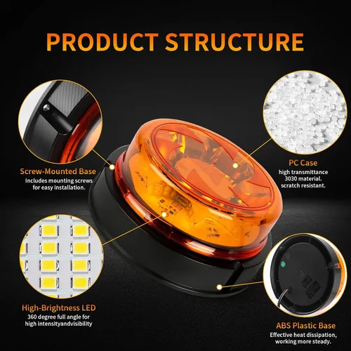 Vista 2 de 1 pieza de luces estroboscópicas para camiones con 25 cables internos, luz de baliza magnética naranja de 12v24v de 6 modos para coche, camión, UTV
