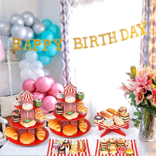 Vista 7 de Zopeal - Juego de 7 soportes para tartas de carnaval de 3 niveles, soporte para cupcakes de circo, carnaval, 1 nivel, bandeja rectangular