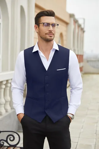 Vista 2 de COOFANDY Chaleco de traje para hombre, ajustado, chaleco formal de negocios, chaleco de vestir casual