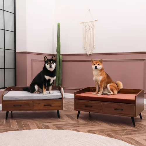 Vista 7 de Cama elevada para perros pequeños a medianos: sofá de madera para interiores de 32 x 21 pulgadas con cojín suave, estilo moderno de mediados