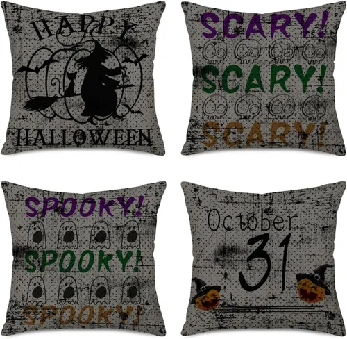Vista 8 de Fukeen Juego de 4 fundas de almohada de 16 x 16 pulgadas con texto en inglés «Happy Halloween», «Truco o trato», fantasma, fantasma, horror