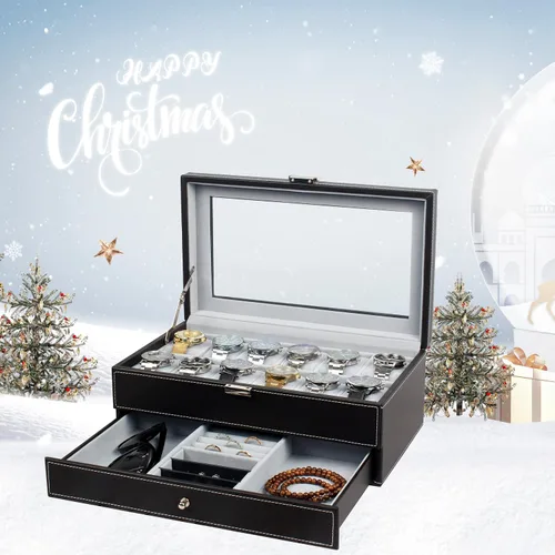 Vista 2 de GUKA Caja de reloj con 12 ranuras, organizador de exhibición de reloj, caja de joyería de cuero, cajón de cristal, cumpleaños para hombres