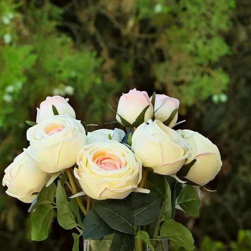 Vista 7 de ENOVA FLORAL 9 cabezas de rosas artificiales de seda en jarrón, arreglo de rosas sintéticas en jarrón con agua sintética para centros de mesa Champán
