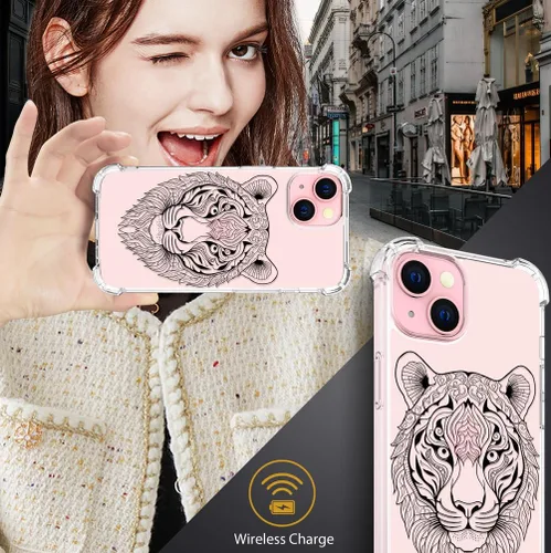 Vista 7 de Funda compatible con iPhone 15, bonita funda transparente para mujer, funda de silicona transparente para teléfono, color negro, tigre poderoso