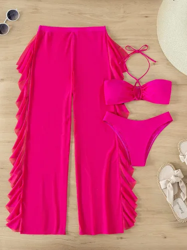 Vista 5 de MakeMeChic Traje de baño de 3 piezas para mujer, conjunto de bikini sólido halter con volantes transparentes