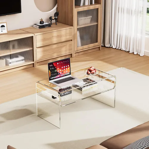 Vista 4 de Mesa de café acrílica para sala de estar con estante de almacenamiento abierto, mesa rectangular transparente de Lucite (1, Transparente, Normal)
