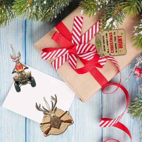 Vista 6 de Amyhill 30 adornos de árbol de Navidad de madera para caza, ciervos, caza, adornos decorativos para colgar con pistola, adorno de Navidad, bosque
