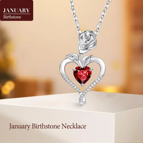 Vista 4 de Collares de piedra natal para mujer, a la moda, collar con colgante de corazón de flor de rosa de plata de ley 925, chapado en oro blanco de 14