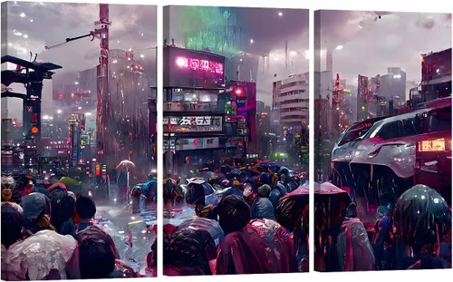 Vista 50 de Lienzo decorativo para pared, diseño de ciudad futurista Cyberpunk para sala de estar, impresión multipanel, obra de arte de cocina, pintura