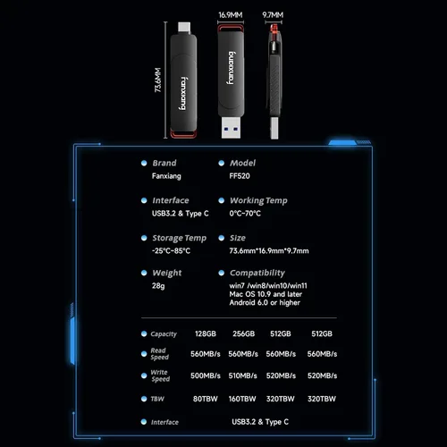 Vista 6 de fanxiang Unidad flash SSD externa de 256 GB, unidad de estado sólido portátil USB-C y USB-A de hasta 560 MB/s, unidad flash USB de aleación de zinc