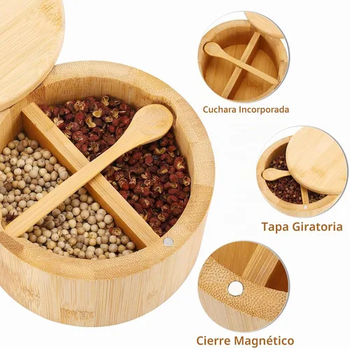 Vista 3 de Cuenco de bambú natural para sal y pimienta, bodega de sal de bambú y caja de almacenamiento de especias con cuchara integrada y tapa giratoria