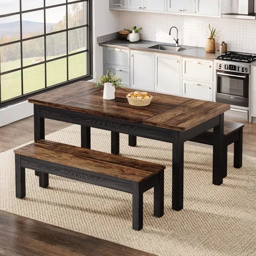 Vista 6 de Tribesigns Juego de Mesa de Cocina de Granja para 4-6, Mesa de Comedor de Madera de 55 Pulgadas con 2 Bancos, Juego de Comedor de 3 Piezas