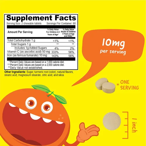 Vista 3 de VitaWorks Masticables multivitamínicos para niños + hierro 10 mg + paquete de masticables de vitamina C