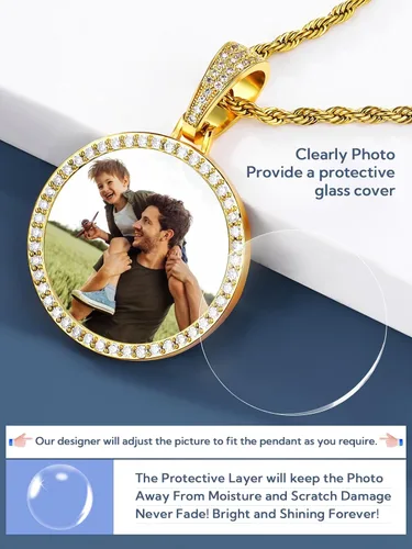 Vista 3 de YIMERAIRE Collar personalizado con imagen chapado en oro de 18 quilates, negrooroplata, cadena circular personalizada con dije de placa de perro CZ