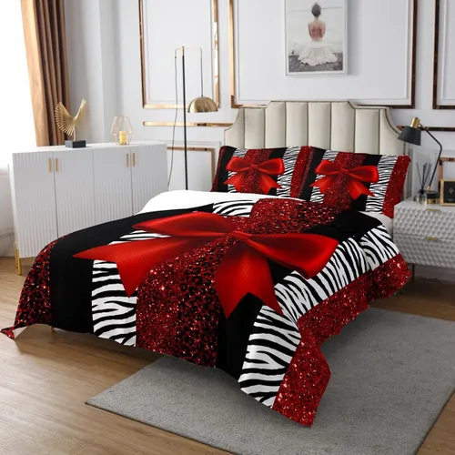 Vista 3 de Juego de colcha con lazo para niños, tamaño individual, diseño de cebra y leopardo con purpurina, decoración de habitación para niñas y mujeres