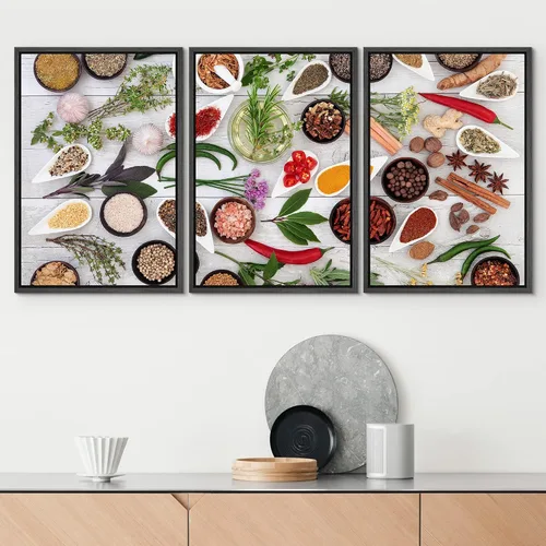 Vista 2 de wall26 Lienzo enmarcado para pared, juego de arte de hierbas, verduras y condimentos en madera, alimentos, fotografía cultural, realismo, paisaje