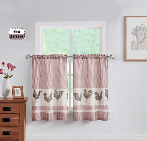 Vista 12 de SXZJTEX Farmhouse Rooster - Cortinas rústicas de estilo bohemio para cocina, paneles con dobladillo para cortinero, para sala de estar, cocina, baño