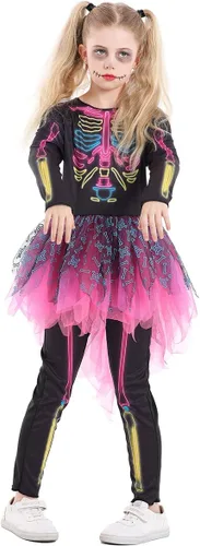 Vista 3 de Seasons Disfraces de Halloween para niñas, disfraces de esqueleto brillante de neón